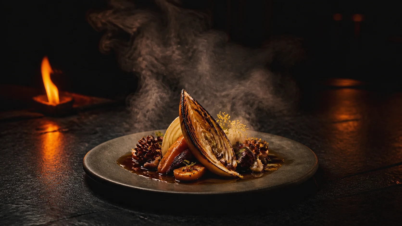 SAVOIR Fine-Dining-Komposition mit Dampf und warmem Licht
